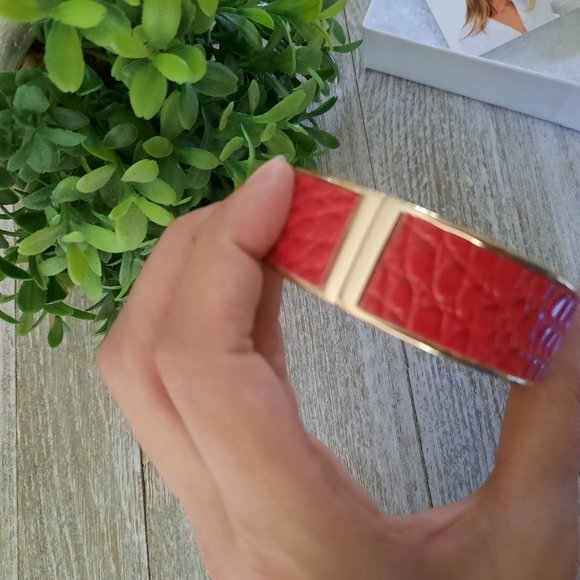 Daniela Swaebe Crimson Red Crocodile Inlay Wide Hinge Bangle - Goldtone, New! - Picture 7 of 16